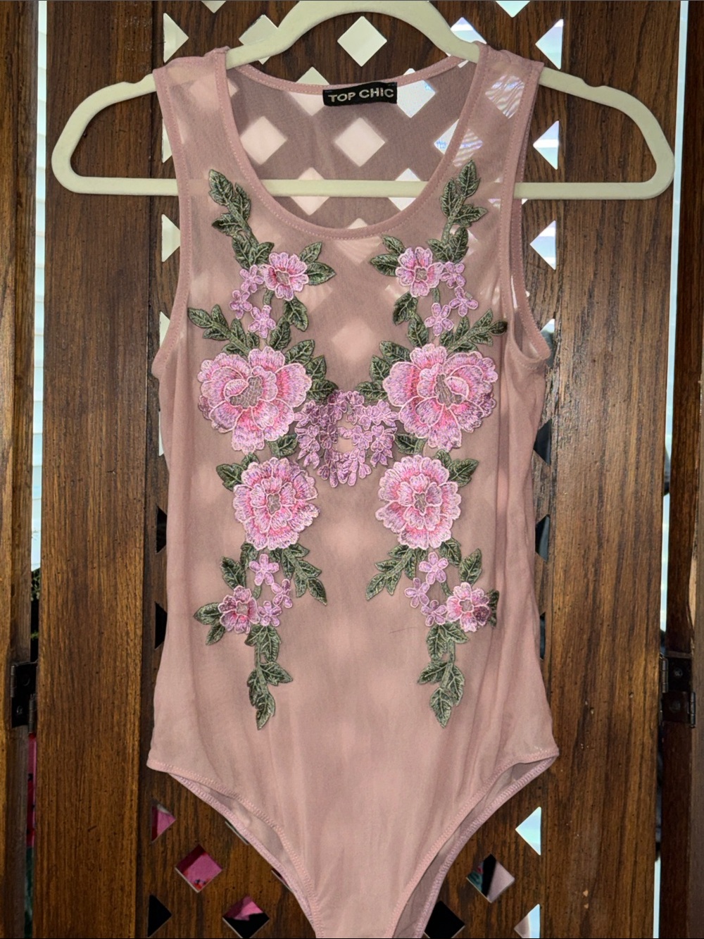 Women's Pink Floral Embroidered Sleeveless Bodysuit